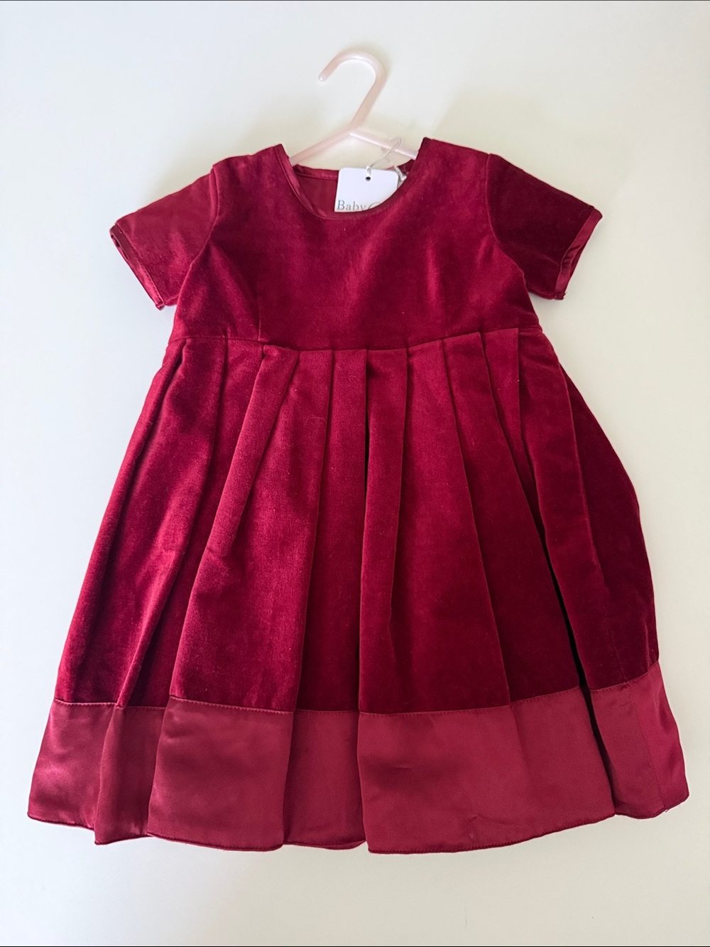 Baby CZ Burgundy Velvet Pleated Short Sleeve Dress